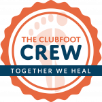 A badge with a footprint design, "THE CLUBFOOT CREW," and the phrase "TOGETHER WE HEAL" in orange and navy colors.